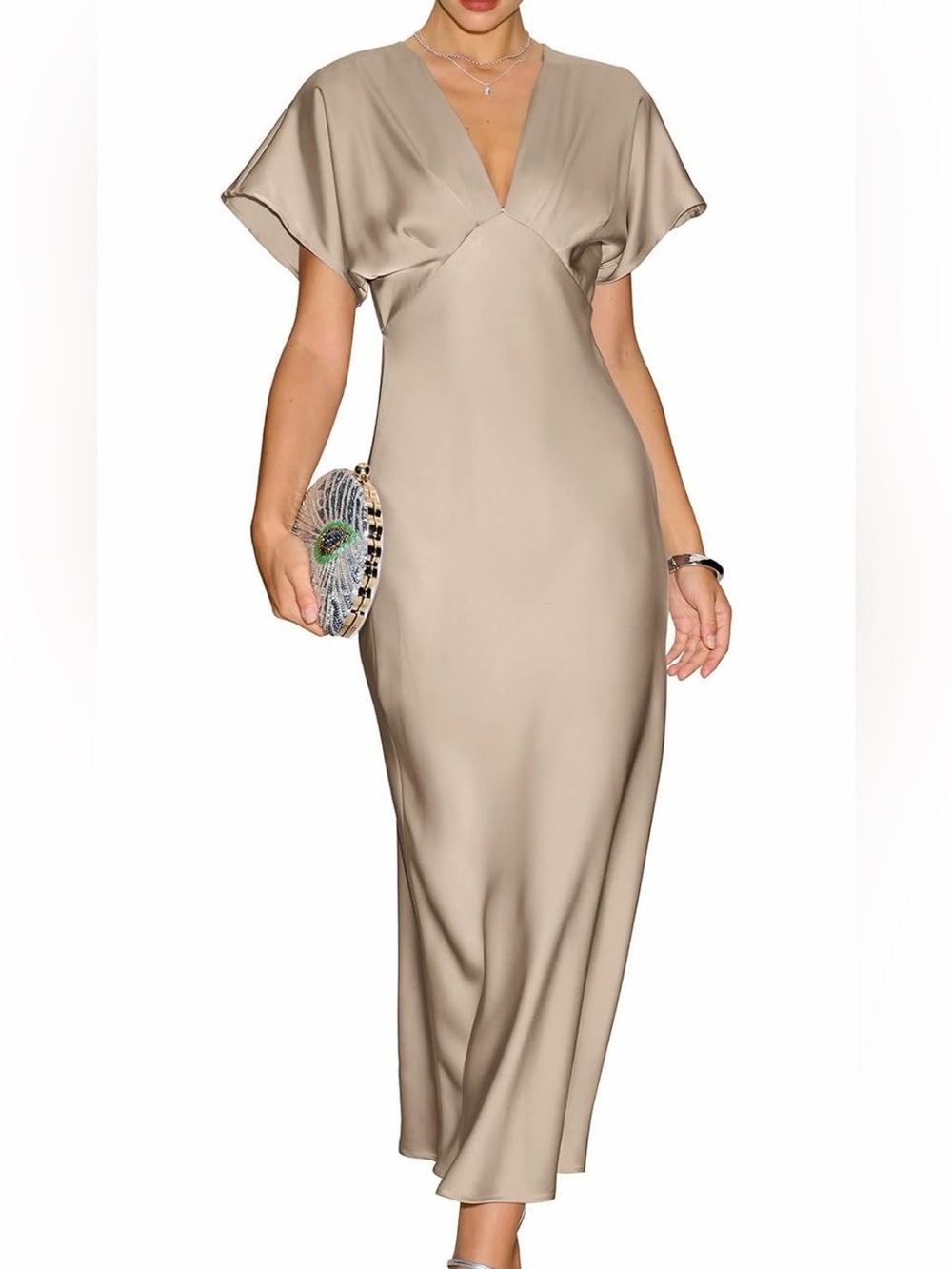 RIHOAS Champagne Satin V-Neck Maxi Dress